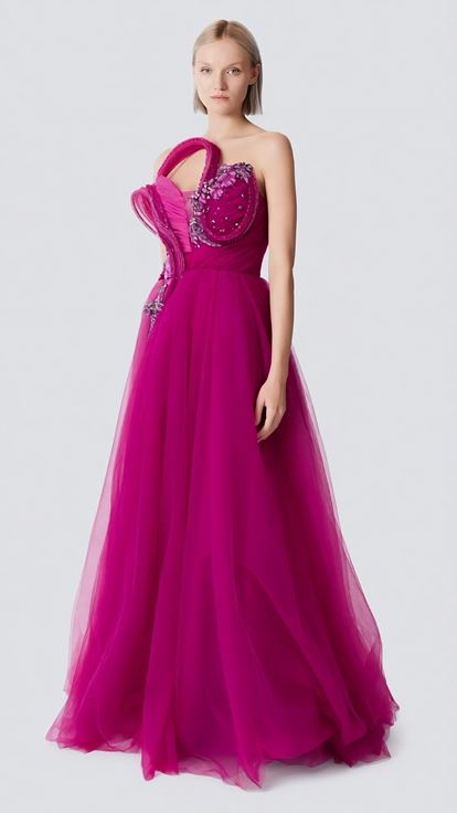 Robe de soirée en tulle à fleurs fuchsia